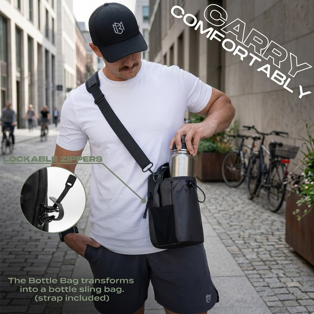 Magnetic Water Bottle Holder Bag with Phone Pocket and Sling Strap halbber