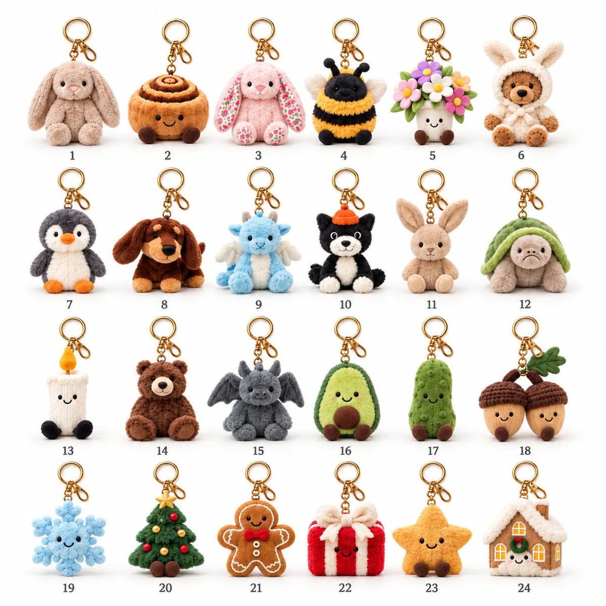 24 plush keychains inside the advent calendar