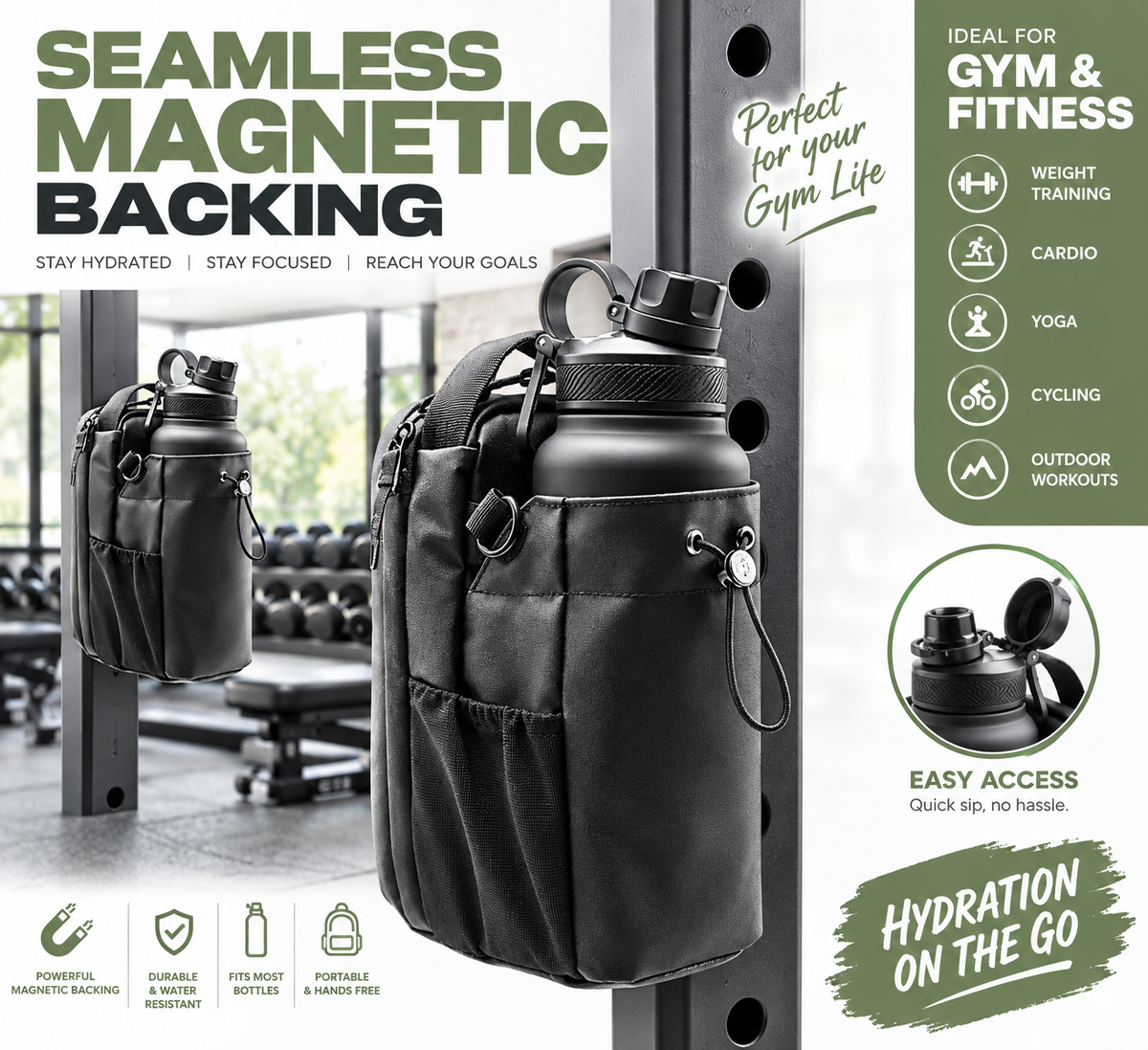 Magnetic Water Bottle Holder Bag with Phone Pocket and Sling Strap halbber