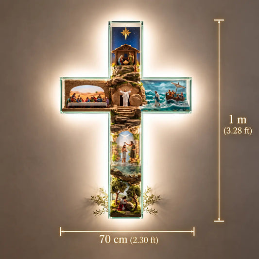 Sacred Story Cross Illuminated Biblical Wall Art - lit view