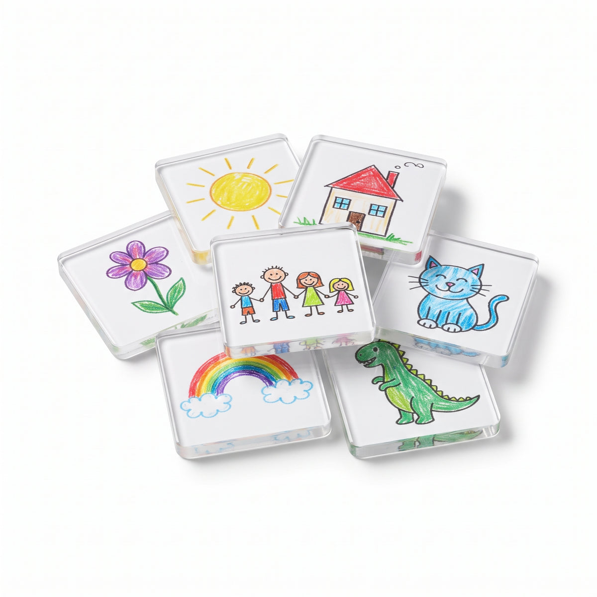 Clear acrylic magnetic frames displaying children's drawings