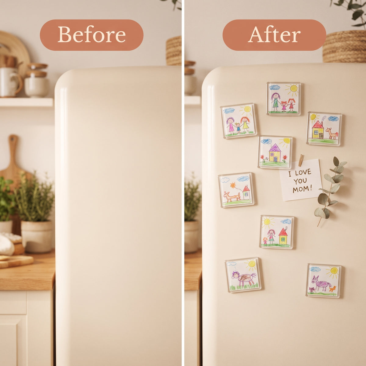 Before and after fridge with children's artwork frames