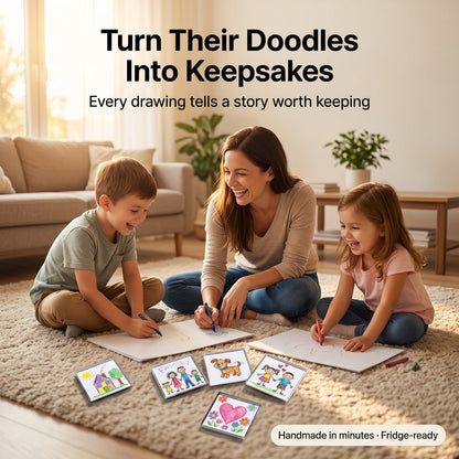 Family creating children's drawings and keepsakes