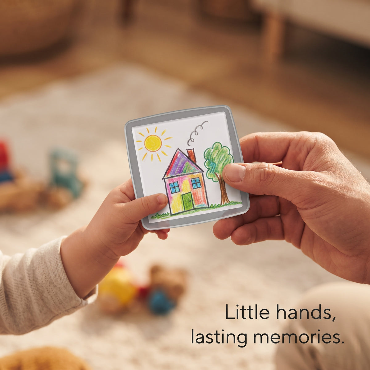 Close-up of child artwork inside a magnetic frame